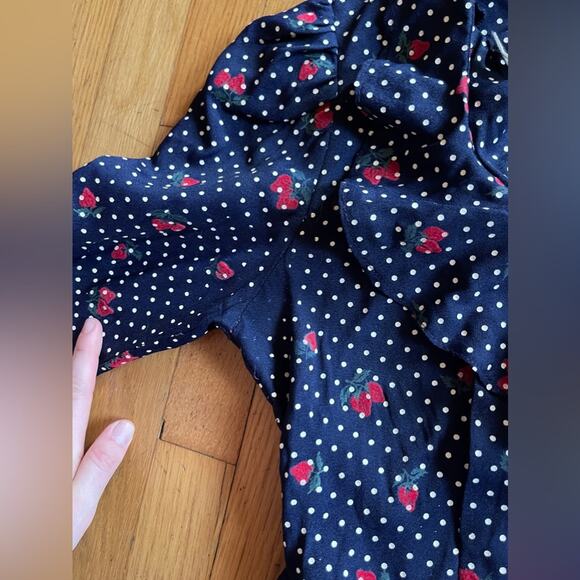 70s Vintage Straberry And Swiss Dot Long Sleeve Prairie Dress with Peplum Waist - Picture 12 of 12